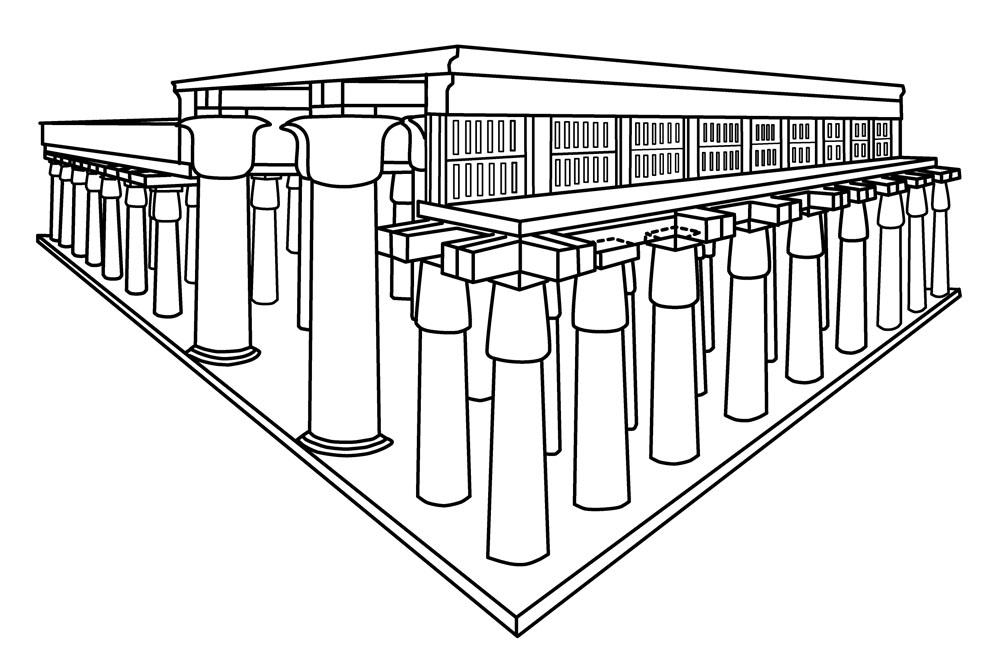 Diagram of the Hypostyle Hall with its main east-west axis lines by twelve large columns, with the smaller columns to their either side holding up the clerestory windows and the rest of the roof of the Hall.